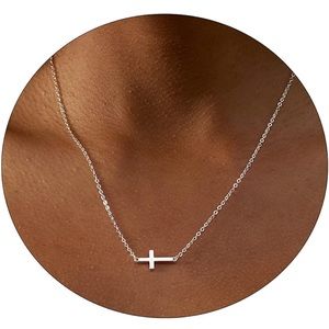 Sideways symmetrical S925 plated cross necklace 16” chain
